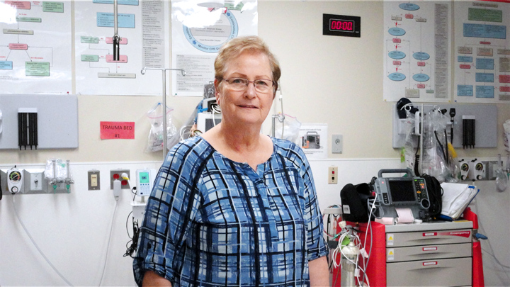 Janna Ziegler stands in a treatment room at the Westlock Healthcare Centre. The Athabasca woman says she’s grateful for the timely care she received, helping her recover from a stroke.