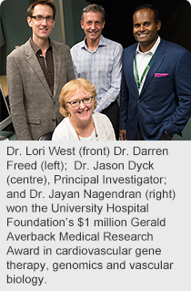 Dr. Lori West (front) Dr. Darren Freed (left);  Dr. Jason Dyck (centre), Principal Investigator; and Dr. Jayan Nagendran (right) won the University Hospital Foundation’s $1 million Gerald Averback Medical Research Award in cardiovascular gene therapy, genomics and vascular biology