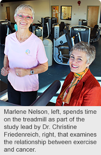 Marlene Nelson, left, spends time on the treadmill as part of the study lead by Dr. Christine Friedenreich, right, that examines the relationship between exercise and cancer.  