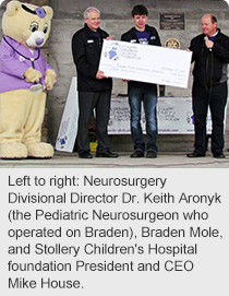 Left to right: Neurosurgery Divisional Director Dr. Keith Aronyk (the Pediatric Neurosurgeon who operated on Braden), Braden Mole, and Stollery Children's Hospital foundation President and CEO Mike House.