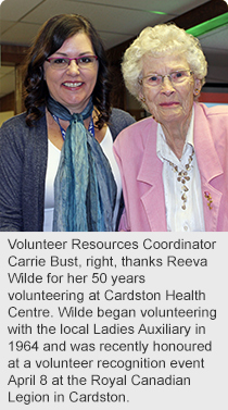 Volunteer Resources Coordinator Carrie Bust, right, thanks Reeva Wilde for her 50 years volunteering at Cardston Health Centre. Wilde began volunteering with the local Ladies Auxiliary in 1964 and was recently honoured at a volunteer recognition event April 8 at the Royal Canadian Legion in Cardston.