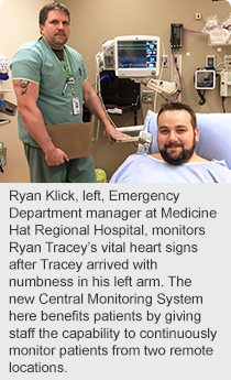 Ryan Klick, left, Emergency Department manager at Medicine Hat Regional Hospital, monitors Ryan Tracey’s vital heart signs after Tracey arrived with numbness in his left arm. The new Central Monitoring System here benefits patients by giving staff the capability to continuously monitor patients from two remote locations.