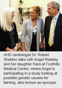 AHS cardiologist Dr. Robert Sheldon talks with Angel Redisky and her daughter Kara at Foothills Medical Centre, where Angel is participating in a study looking at possible genetic causes for fainting, also known as syncope.