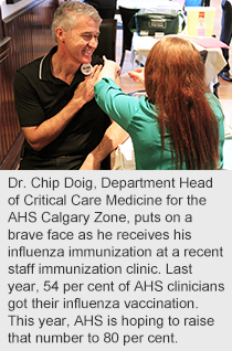 Dr. Chip Doig, Department Head of Critical Care Medicine for the AHS Calgary Zone, puts on a brave face as he receives his influenza immunization at a recent staff immunization clinic. Last year, 54 per cent of AHS clinicians got their influenza vaccination. This year, AHS is hoping to raise that number to 80 per cent.