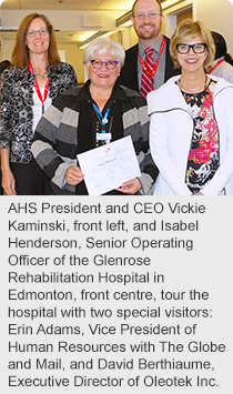 AHS President and CEO Vickie Kaminski, front left, and Isabel Henderson, Senior Operating Officer of the Glenrose Rehabilitation Hospital in Edmonton, front centre, tour the hospital with two special visitors: Erin Adams, Vice President of Human Resources with The Globe and Mail, and David Berthiaume, Executive Director of Oleotek Inc.