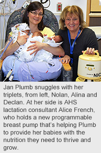 Jan Plumb snuggles with her triplets, from left, Nolan, Alina and Declan. 