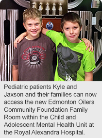 Pediatric patients Kyle and Jaxson and their families can now access the new Edmonton Oilers Community Foundation Family Room within the Child and Adolescent Mental Health Unit at the Royal Alexandra Hospital.