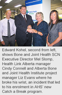 Edward Kohel, second from left, shows Bone and Joint Health SCN Executive Director Mel Slomp, Health Link Alberta manager Cindy Connell and Alberta Bone and Joint Health Institute project manager Liz Evans where he broke his wrist, an incident that led to his enrolment in AHS’ new Catch a Break program.