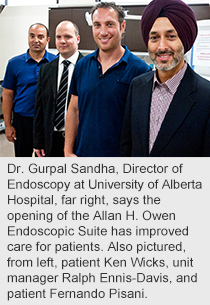 Dr. Gurpal Sandha, Director of Endoscopy at University of Alberta Hospital, far right, says the opening of the Allan H. Owen Endoscopic Suite has improved care for patients. Also pictured, from left, patient Ken Wicks, unit manager Ralph Ennis-Davis, and patient Fernando Pisani.