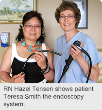RN Hazel Tensen shows patient Teresa Smith the endoscopy system