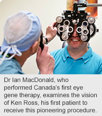 Dr Ian MacDonald, who performed Canada’s first eye gene therapy, examines the vision of Ken Ross, his first patient to receive this pioneering procedure.