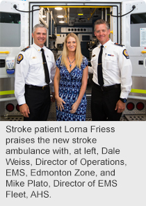 Stroke patient Lorna Friess praises the new stroke ambulance with, at left, Dale Weiss, Director of Operations, EMS, Edmonton Zone, and Mike Plato, Director of EMS Fleet, AHS. 