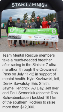 Team Mental Rescue members take a much-needed breather after racing in the Sinister 7 ultra marathon through the Crowsnest Pass on July 11-12 in support of mental health. Kyle Kozlowski, left, Derek Sawatsky, Eric Smith, Jayme Hendrick, AJ Day, Jeff Iker and Paul Semeniuk (absent: Rob Schwabenbauer) tackled 161 km of the southern Rockies to raise more than $12,000.