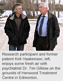 Research psychiatrist Dr. Tim Gillese, left, study participant Kirk Haakensen, and Henwood Treatment Centre Clinical Supervisor Jasmine Fulks with an MRI image of a brain scan used to tailor treatment for alcoholism.