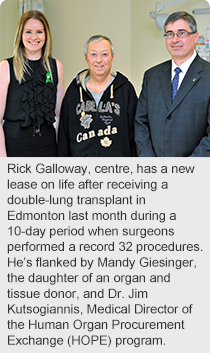 Rick Galloway, centre, has a new lease on life after receiving a double-lung transplant in Edmonton last month during a 10-day period when surgeons performed a record 32 procedures. He’s flanked by Mandy Giesinger, the daughter of an organ and tissue donor, and Dr. Jim Kutsogiannis, Medical Director of the Human Organ Procurement Exchange (HOPE) program.