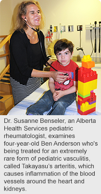 Dr. Susanne Benseler, an Alberta Health Services pediatric rheumatologist, examines four-year-old Ben Anderson who's being treated for an extremely rare form of pediatric vasculitis, called Takayasu’s arteritis, which causes inflammation of the blood vessels around the heart and kidneys.