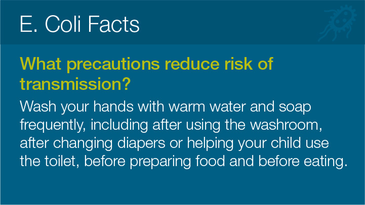 E. Coli Facts 
							What precautions reduce risk of transmission? 
							Wash your hands with warm water and soap
							frequently, including after using the washroom,
							after changing diapers or helping your child use
							the toilet, before preparing food and before eating.