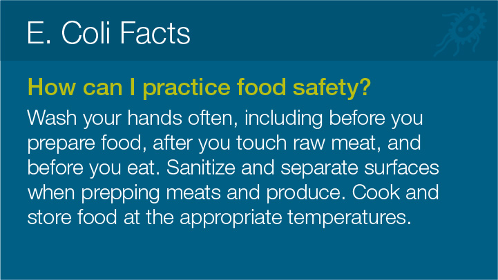 E. Coli Facts 
							How can I practice food safety?
							Wash your hands often, including before you
							prepare food, after you touch raw meat, and
							before you eat. Sanitize and separate surfaces
							when prepping meats and produce. Cook and store
							food at the appropriate temperatures.