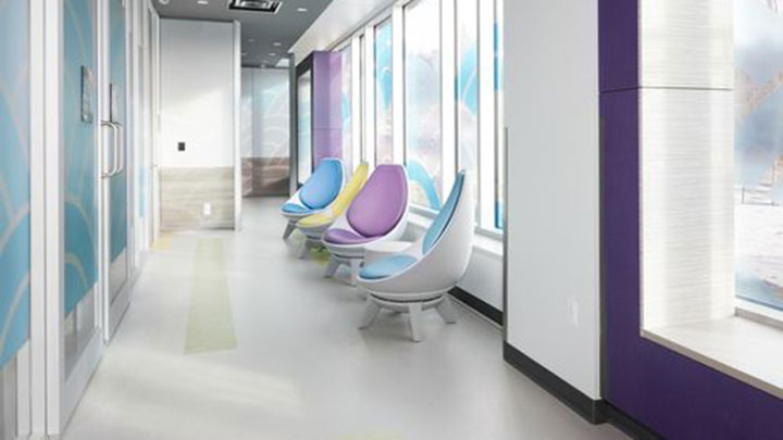colourful swivel chairs in hallway