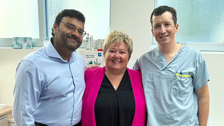 Corry Coyne is one of more than 800 patients general surgeons at the Royal Alexandra Hospital, Dr Ram Anantha, left, and Dr. Matt Strickland of the Complex Hernia and Abdominal Reconstruction Group of Edmonton (CHARGE) program, have performed surgery on. Photo by Sharman Hnatiuk.