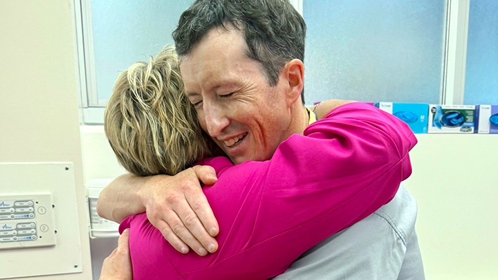 Two years after having surgery to repair a hernia the size of a basketball, Corry Coyne was overjoyed to see Dr. Matt Strickland and thank him for helping get back her quality of life. Photo by Sharman Hnatiuk.