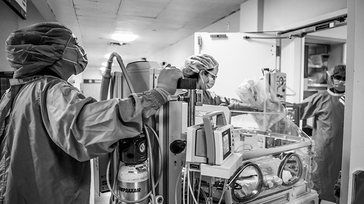 After delivery, newborns are transported from the surgical suite to the NICU at Foothills Medical Centre - home to a level 3 neonatal intensive care unit. The SANTS team is based here, working as both a transport crew and part of the in-hospital care team to keep their skills sharp and support the NICU's needs. 