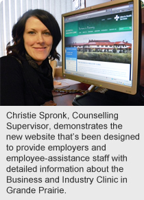 Christie Spronk, Counselling Supervisor, demonstrates the new website that’s been designed to provide employers and employee-assistance staff with detailed information about the Business and Industry Clinic in Grande Prairie.