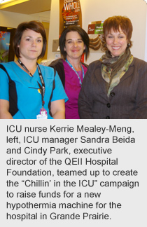 ICU nurse Kerrie Mealey-Meng, left, ICU manager Sandra Beida and Cindy Park, executive director of the QEII Hospital Foundation, teamed up to create the “Chillin’ in the ICU” campaign to raise funds for a new hypothermia machine for the hospital in Grande Prairie