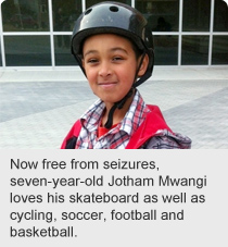 Now free from seizures, seven-year-old Jotham Mwangi loves his skateboard as well as cycling, soccer, football and basketball.