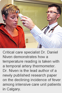 Critical care specialist Dr. Daniel Niven demonstrates how a temperature reading is taken with a temporal artery thermometer. Dr. Niven is the lead author of a newly published research paper on the declining incidence of fever among intensive care unit patients in Calgary.