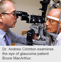 Dr. Andrew Crichton examines the eye of glaucoma patient Bruce MacArthur