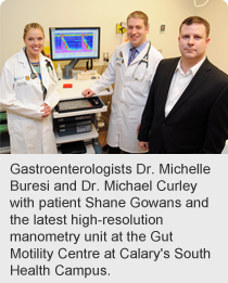 Gastroenterologists Dr. Michelle Buresi and Dr. Michael Curley with patient Shane Gowans and the latest high-resolution manometry unit at the Gut Motility Centre at Calary's South Health Campus.