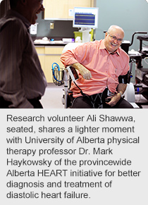 Research volunteer Ali Shawwa, seated, shares a lighter moment with University of Alberta physical therapy professor Dr. Mark Haykowsky of the provincewide Alberta HEART initiative for better diagnosis and treatment of diastolic heart failure