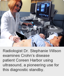 Radiologist Dr. Stephanie Wilson examines Crohn’s disease patient Coreen Harbor using ultrasound, a pioneering use for this diagnostic standby.