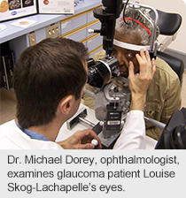 Dr. Michael Dorey, ophthalmologist, examines glaucoma patient Louise Skog-Lachapelle’s eyes.