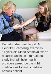 Pediatric rheumatologist Dr. Heinrike Schmeling examines 11-year-old Maria Storkova, who’s a participant in an international study that will help health providers prescribe the right medications for every pediatric arthritis patient.