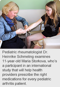 Pediatric rheumatologist Dr. Heinrike Schmeling examines 11-year-old Maria Storkova, who’s a participant in an international study that will help health providers prescribe the right medications for every pediatric arthritis patient.
