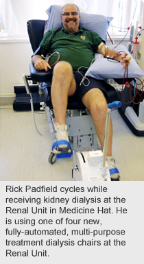 Rick Padfield cycles while receiving kidney dialysis at the Renal Unit in Medicine Hat. He is using one of four new, fully-automated, multi-purpose treatment dialysis chairs at the Renal Unit.