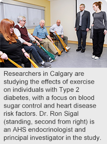 Sara Brodsky, who has been living with Type 2 diabetes, works out with light resistance training bands as  kinesiologist Samantha McGinley and AHS endocrinologist and researcher Dr. Ron Sigal look on.