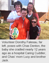 Volunteer Dorothy Falesau, far left, poses with Chas Denton, the baby she cradled nearly 12 years ago as a hospital Caring Cuddler, and Chas’ mom Lucy and brother Jack.