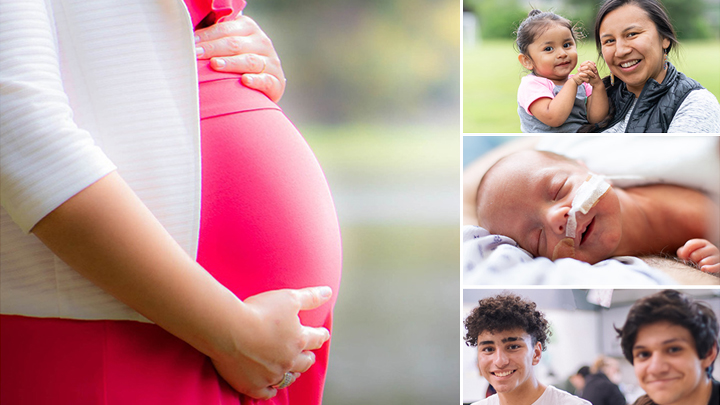 pregnant belly, mother and child, baby with feeding tube, two youth