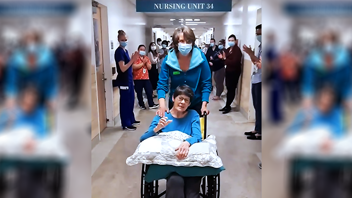 After spending five weeks at the Royal Alexandra Hospital overcoming COVID-19, pneumonia — and treatment for a fractured pelvis — 80-year-old Colette Sevigny was discharged Thursday to the cheers of staff and physicians on Unit 34.