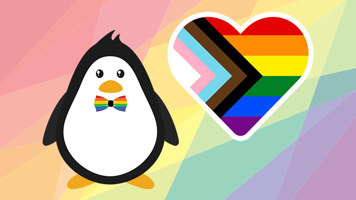 a penguin wearing a rainbow bowtie stands on a colourful background next to rainbow heart