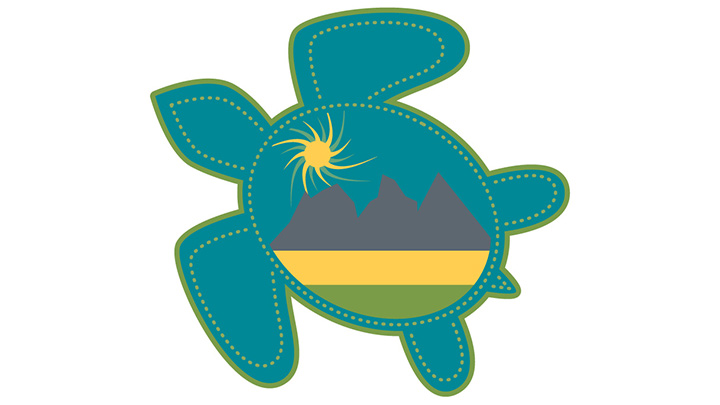 Indigenous Support Line turtle island graphic with sun, mountains and prairies