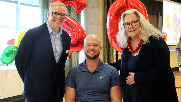 Sharing stories during the celebration were Dr. David Chaulk, left, former patient Zak Madell and his mom Wendy. At age 10, Madell lost his legs and fingers after developing a severe staph infection. He recalled being transferred to Calgary during a snowstorm by Dr. David Chaulk, the transport physician involved in his care that night, and now the hospital’s medical director.