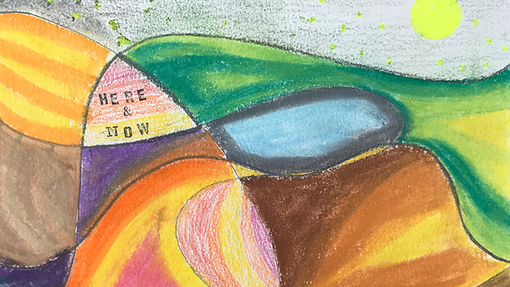 During art therapy, participants enjoy an activity which helps them to practise mindfulness and be present in the moment. Here’s another painting.