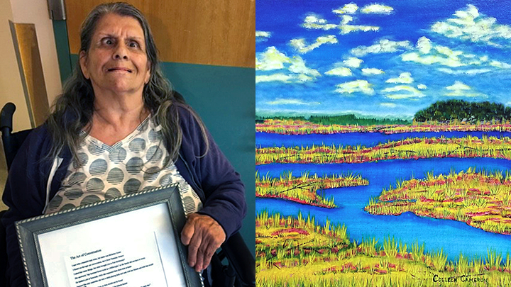 Micheline Crowe, who resides at the Northern Lights Regional Health Centre, poses with her poem (left) that was created by artist Ryan McCann through The Art of Conversation. George Vermillion, a resident at the Northern Lights Regional Health Centre, has participated in The Art of Conversation. He received this painting (right) of the Fort Chipewyan Delta on Lake Athabasca from artist Colleen Cameron.