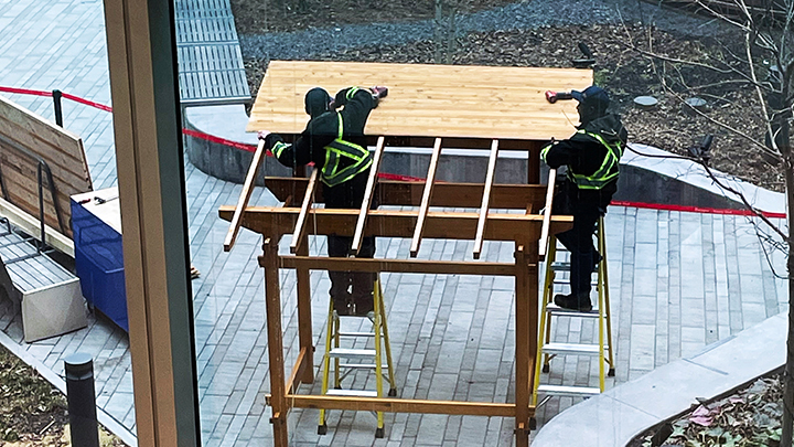 The Arthur Child gong shelter under construction. It incorporates the art of  traditional joinery and Japanese influences.