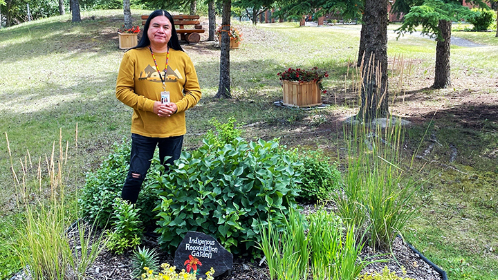 Kenny Hunter, an Indigenous liaison at Canmore General Hospital, visits the Indigenous Reconciliation Garden.