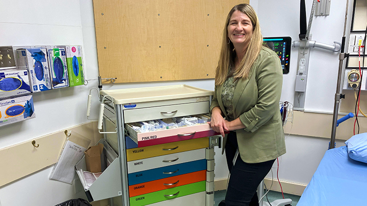 Cheryl Seaborn, Cardston Health Centre’s site manager, is grateful for the items purchased thanks to the auxiliary’s generous and ongoing donations, including this new Broselow cart – a crash cart for pediatric emergencies.
